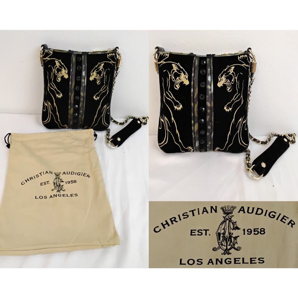 Christian Audigier Crossbody Bag Black Velvet Jaguars Studded Purse #Z5121